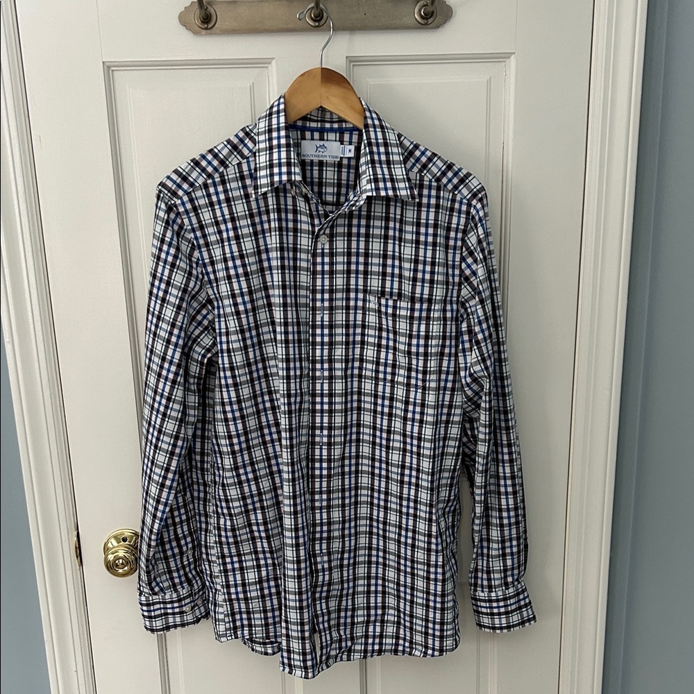 Southern Tide Navy and White Checkered Shirt size M Like New!